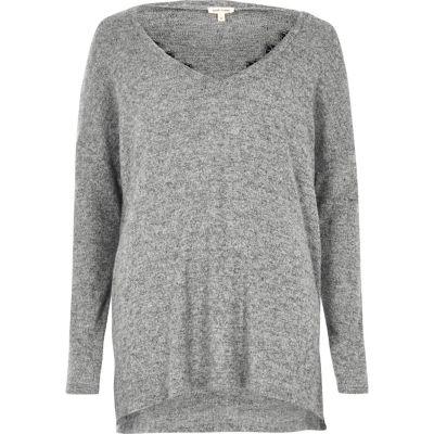River Island Womens Marl Knit Top With Lace Detail