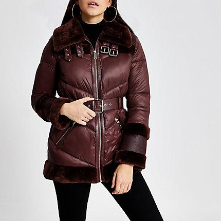 River Island Womens Belted Aviator Padded Coat