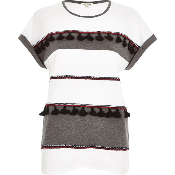 River Island Womens White Tassel Color Block T-shirt