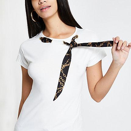 River Island Womens White Scarf Side Neck T-shirt