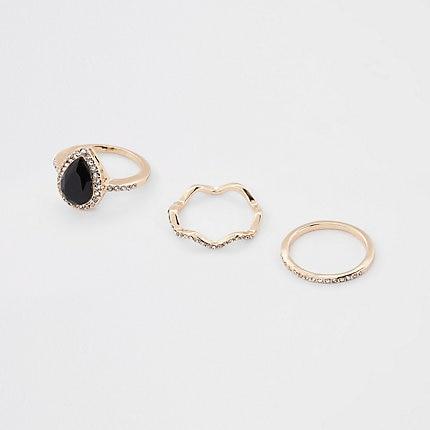 River Island Womens Gold Color Teardrop Rhinestone Paved Ring Pack