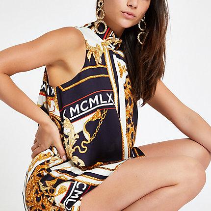 River Island Womens Petite Baroque Print Layered Romper
