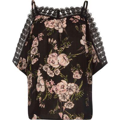 River Island Womens Floral Crochet Trim Cold Shoulder Top