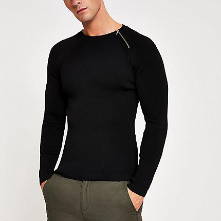 River Island Mens Zip Neck Muscle Fit Ribbed Jumper