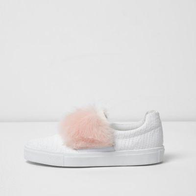 River Island Womens White Fluffy Slip On Plimsolls