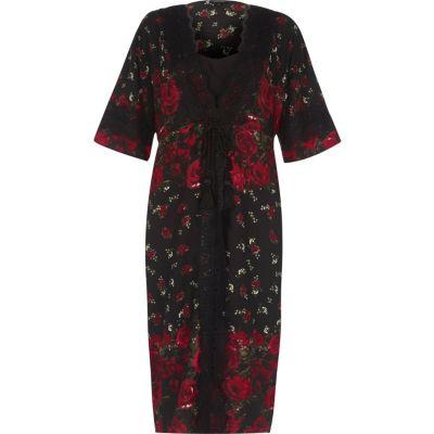 River Island Womens Floral Rose Print Layered Kimono Dress