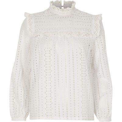 River Island Womens White Broderie High Neck Long Sleeve Top