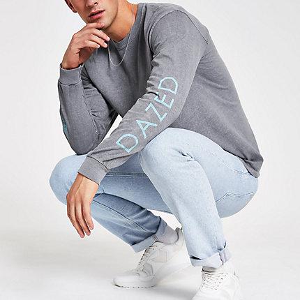River Island Mens Washed 'dazed' Print Long Sleeve T-shirt