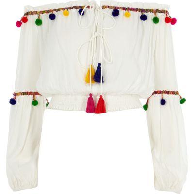 River Island Womens White Shirred Bardot Multicolor Pom Pom Top