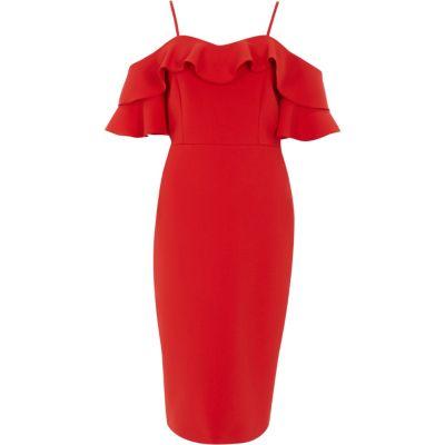 River Island Womens Bardot Frill Bodycon Midi Dress