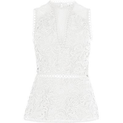 River Island Womens White Lace Sleeveless Peplum Top