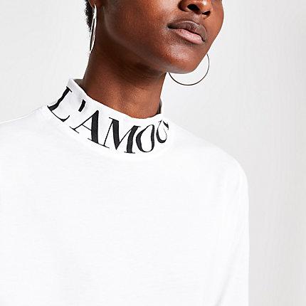 River Island Womens White High Neck Printed T-shirt