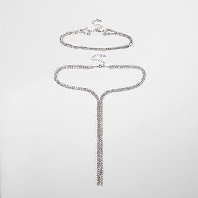 River Island Womens Silver Tone Diamante Drop Choker Pack