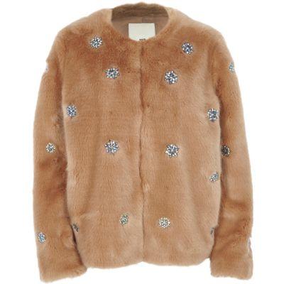 River Island Womens Nude Floral Gem Embellished Faux Fur Jacket
