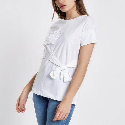 River Island Womens White Ruffle Bow Front T-shirt