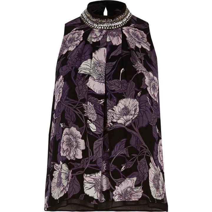 River Island Womens Floral Embellished Neck Swing Top