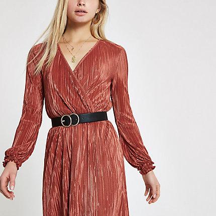 River Island Womens Rust Plisse Wrap Front Mini Dress