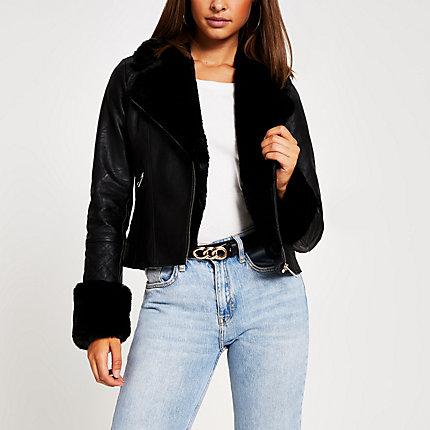 River Island Womens Faux Fur Collar Quilted Biker Jacket