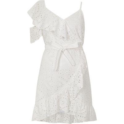 River Island Womens White Sl Kerry Ruffle Broderie Dress