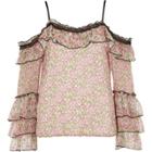 River Island Womens And Pink Floral Frill Cold Shoulder Top