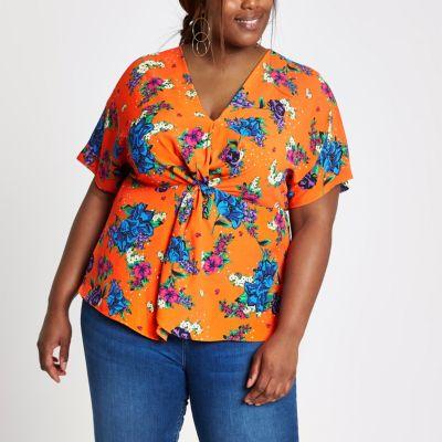 River Island Womens Plus Floral Knot Front Top