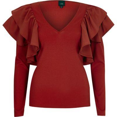 River Island Womens Frill V Neck Fitted Ribbed Top