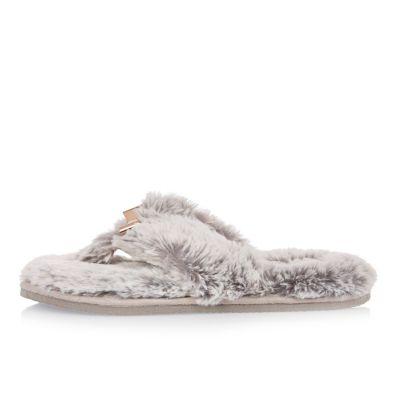 River Island Womens Faux Fur Bow Flip Flop Slippers
