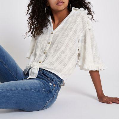 River Island Womens Embroidered Tie Front Cropped Shirt