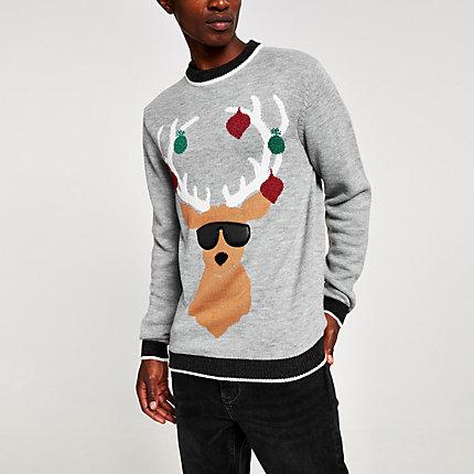 River Island Mens Marl Reindeer Print Christmas Jumper