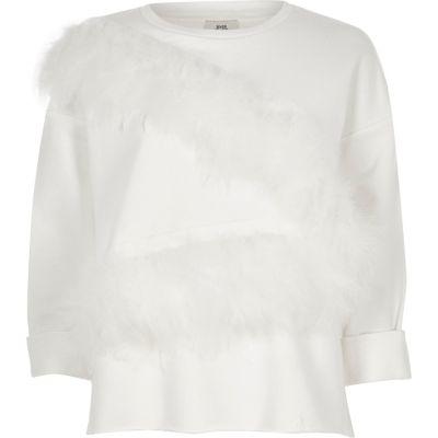 River Island Womens White Feather Front Raw Hem Sweatshirt