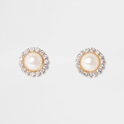 River Island Womens Gold Tone Round Diamante Pearl Stud Earrings