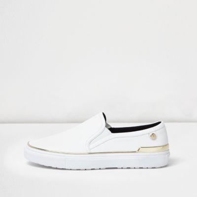 River Island Womens White Gold Tone Trim Slip On Plimsolls