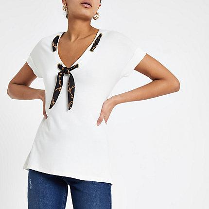 River Island Womens White Scarf Neck Loose Fit T-shirt