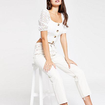 River Island Womens White Broderie Puff Sleeve Crop Top