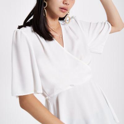 River Island Womens White Short Sleeve Fitted Wrap Blouse