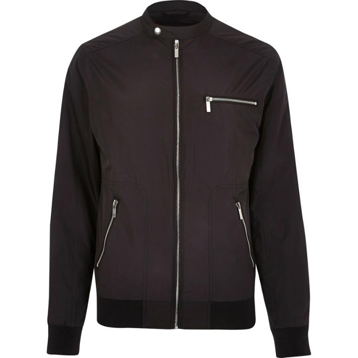 River Island Mensblack Popper Collar Zip Bomber Jacket