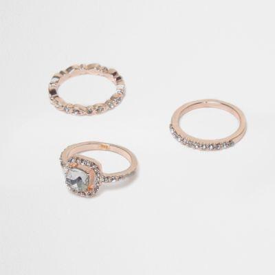 River Island Womens Rose Gold Tone Rhinestone Embellished Ring Pack