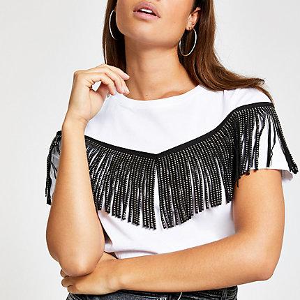 River Island Womens White Embellished Tassel Fringe T-shirt