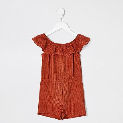 River Island Mini Girls Rust Stripe Bardot Playsuit