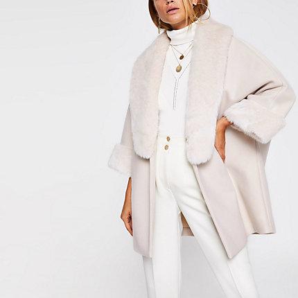 River Island Womens Faux Fur Trim Cape Coat