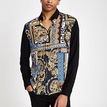 River Island Mens Baroque Print Blocked Long Sleeve Shirt