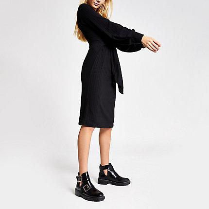 River Island Womens Tie Front Long Sleeve Ribbed Dress