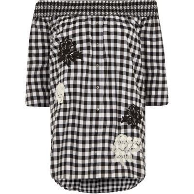 River Island Womens Gingham Floral Appliqu Bardot Top