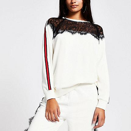 River Island Womens White Lace Neck Tape Shoulder Sweatshirt