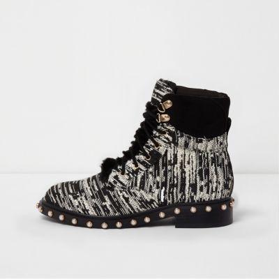 River Island Womens Boucle Pearl Stud Trim Biker Boots