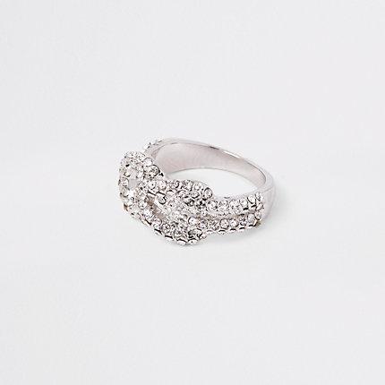 River Island Womens Silver Tone Rhinestone Encrusted Pave Ring