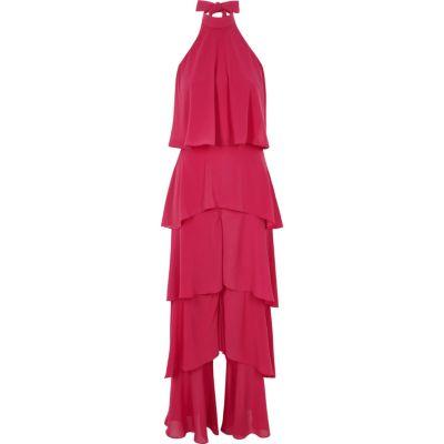 River Island Womens Wide Leg Halter Frill Jumpsuit