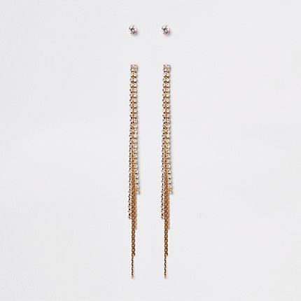 River Island Womens Gold Tone Diamante Tassel Stud Earrings Pack