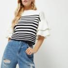 River Island Womens Petite White Stripe Double Frill Sleeve Top