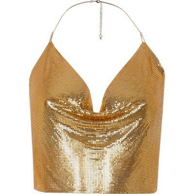 River Island Womens Gold Tone Chainmail Halter Neck Top